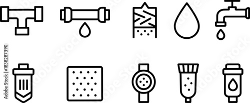 Water filtration and eco plumbing icons set. Pipes, taps, filters, drops, sustainable water outline symbols