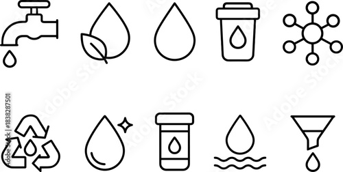 Water filtration and eco plumbing icons set. Pipes, taps, filters, drops, sustainable water outline symbols