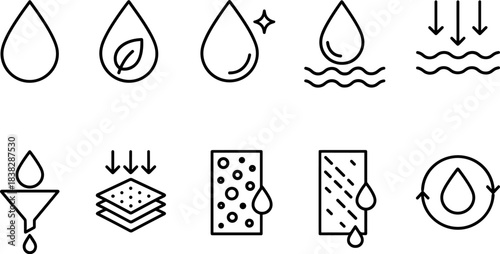 Water filtration and eco plumbing icons set. Pipes, taps, filters, drops, sustainable water outline symbols