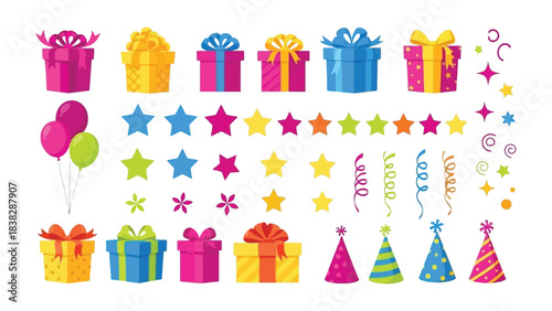Colorful Gift Boxes and Party Elements: An array of vibrant gift boxes, star, balloons and party items against a bright background, perfect for adding a touch of celebration and joy to any event.