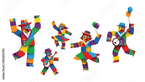 Joyful Street Performance: Playful performers in vibrant costumes, joyfully dancing and playing instruments on a lively stage. Their colorful attire and animated expressions exude pure delight.