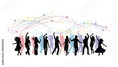 Dance Celebration Silhouette: A vibrant silhouette of people joyfully dancing, adorned with dynamic star and curve elements. Celebrating the beauty of life, movement, and the joy of coming together.