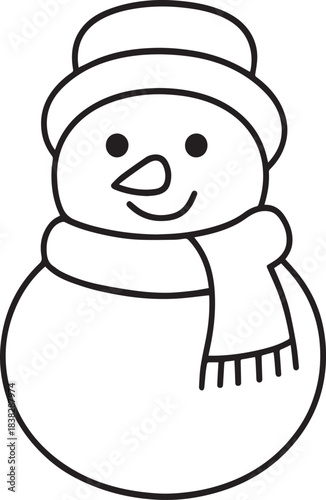 Cute Snowman with Scarf Line Art Vector Icon. Simple Winter Holiday Outline Symbol. Modern Christmas Decoration, New Year, and Festive Sticker Design. Clean Snowman Art.
