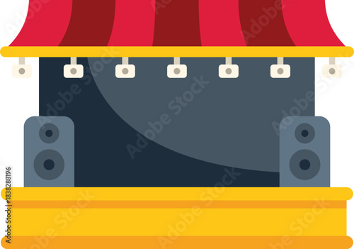 Outdoor stage setup featuring speakers, lights, and a canopy, creating a vibrant atmosphere for a live music event