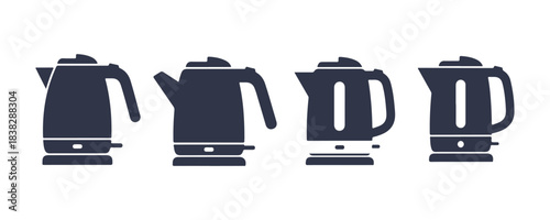 A solid-colored, simple electric kettle featuring four different designs. A solid kitchen icon. Vector illustration.