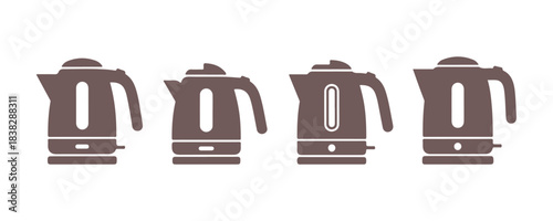 A simple electric kettle with a solid color, showcasing four distinct designs. A solid kitchen icon. Vector illustration.

