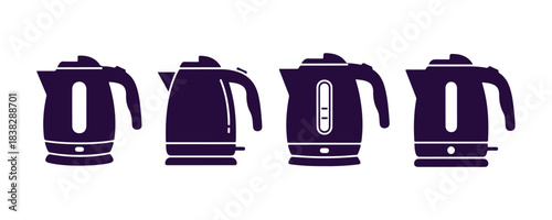 Here’s a simple electric kettle in a solid color, designed in four different ways. A solid kitchen icon. Vector illustration.