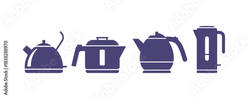 Solid one color electric kettle available in four different styles. It's a classic kitchen icon. Vector illustration.