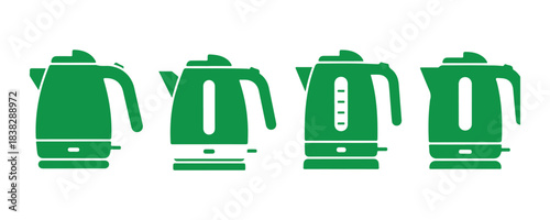 This is a solid-colored electric kettle featuring four unique designs. A true kitchen icon. Vector illustration.