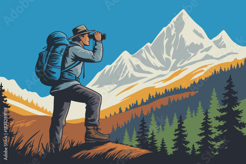 Lone traveler captures breathtaking mountain vistas with camera while exploring remote rugged terrain during an adventurous journey across high altitude wilderness landscapes