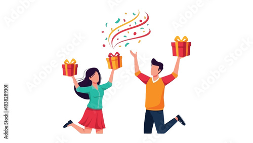 Festive Celebration with Gifts: An excited couple celebrates a special occasion, holding up wrapped presents with joy, as colorful confetti rains down, adding to the atmosphere of a festive event.