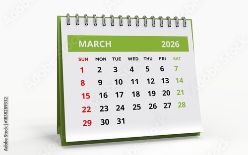 Standing  Desktop calendar for March 2026, standard format with a green header and metal spiral binding, the week starting on Sunday.