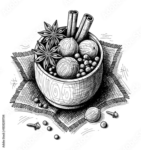 Bowl of Assorted Whole Spices Arranged on a Rustic Cloth. Hand Drawn Ink Illustration in Vintage Engraving Style.