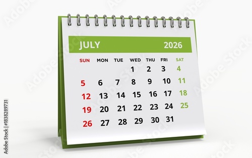 Standing  Desktop calendar for July 2026, standard format with a green header and metal spiral binding, the week starting on Sunday.