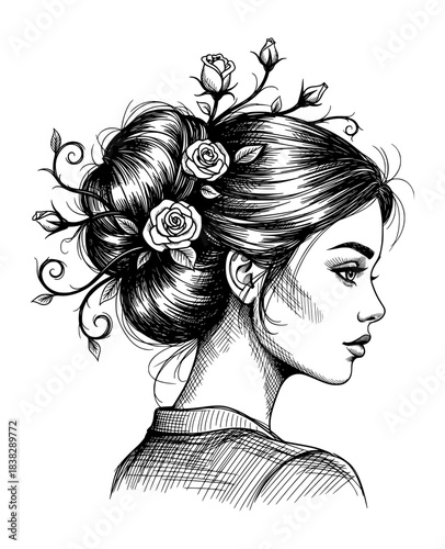 Profile of Woman with Rose Bun Hairstyle. Hand Drawn Ink Portrait in Vintage Sketch Style.
