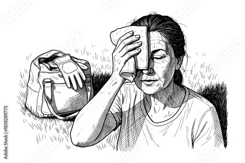 Woman Resting After Outdoor Work with Towel and Bag. Hand Drawn Black and White Ink Illustration with Detailed Hatching.