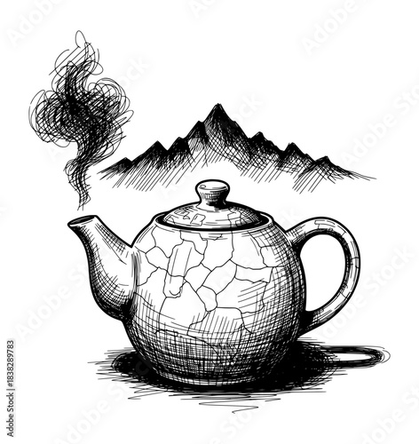 Cracked Ceramic Teapot with Steam and Mountain Backdrop. Hand Drawn Ink Sketch in Detailed Hatching Style.