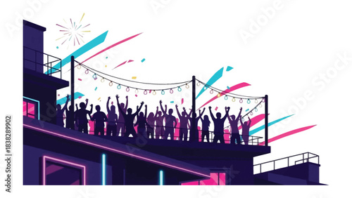 Rooftop Celebration: A silhouetted gathering of celebratory figures joyfully raise their arms. Festivities light up the rooftop, where excitement thrives in the heart of the night