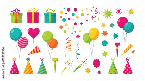 Festive Collection: An array of vibrant party elements, including presents, balloons, and confetti, ready to bring joy to any celebration.