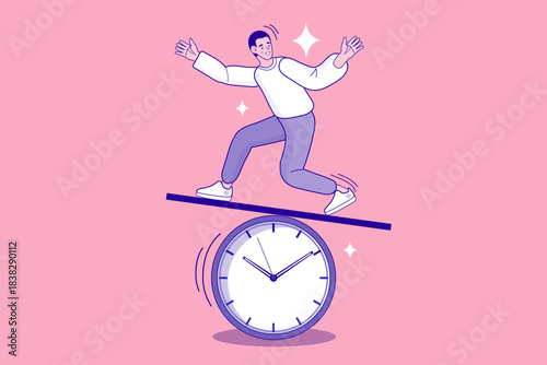Happy man balancing on plank board over giant clock. Concept of work life balance stability, strategic time management control, smart deadline scheduling, and agile lifestyle harmony success.
