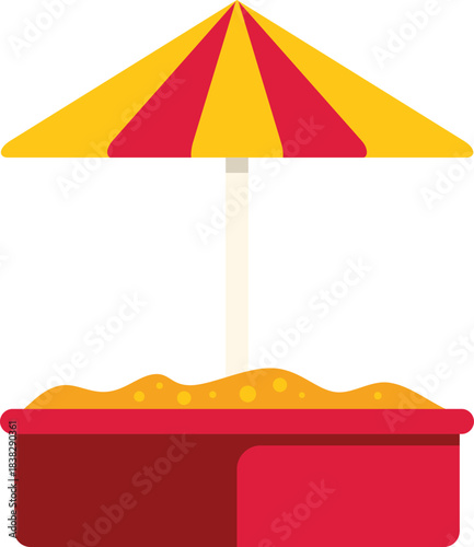 Red and yellow sandbox with umbrella offers a shaded area for children playing, ensuring sun protection during outdoor activities