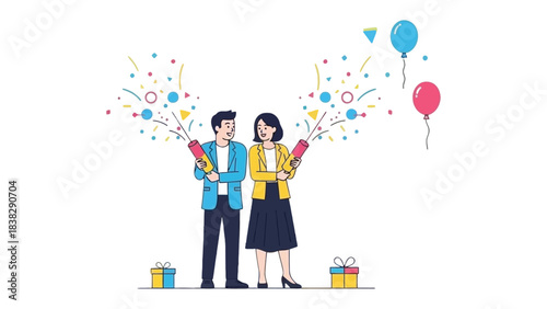 Celebration and Joy: A joyful pair, adorned in vibrant attire, ignites confetti and balloons, symbolizing a delightful event, set against a modern backdrop of color.
