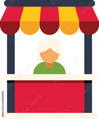 Street vendor working at red and yellow striped kiosk
