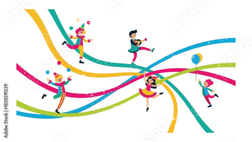 Playful Circus Performers: A whimsical illustration of cheerful circus performers entertaining in a vibrant display of skills, embodying the joy and wonder of the circus arts.