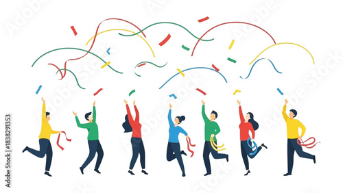 Joyful Celebration: A lively assembly of people joyfully celebrate, showering colorful confetti as a symbol of merriment.
