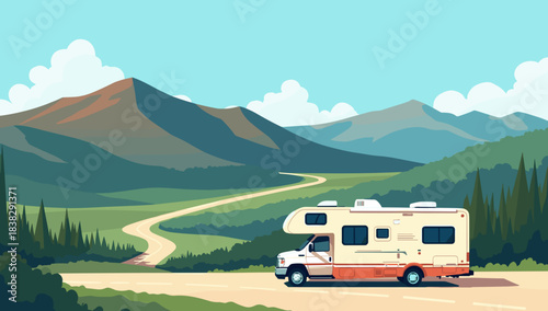 Rv parked on scenic overlook near green valley and tall mountains