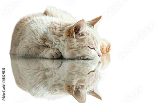  Cat Lounging Gracefully on Gleaming Mirrored Surface. White or PNG Transparent Background.