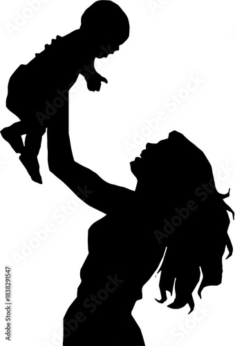 vector silhouette of a woman with child black and white illlustration design 