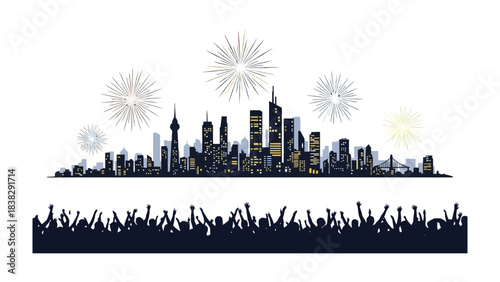 Skyline Celebration: A dynamic city skyline erupts with festive fireworks, while a cheering crowd celebrates from below, creating a vibrant visual symphony of joy and jubilation.