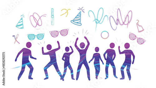 Joyful Crowd Celebration: A lively scene unfolds as a silhouette gathering of people revel in merriment, outlined by festive scribbles of party essentials that evoke a light-hearted celebration.