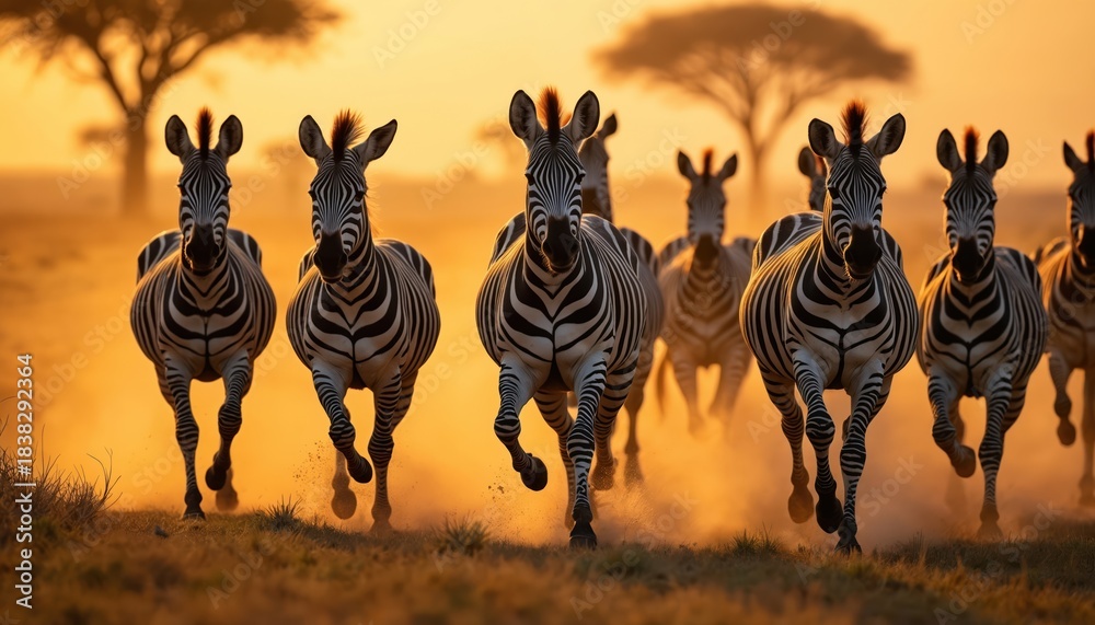 Obraz premium African zebra herd gallops across wide dusty savanna plain. Wild animals run fast together in warm golden sun light, kicking up dust clouds. Dynamic action wildlife image captures running equids in