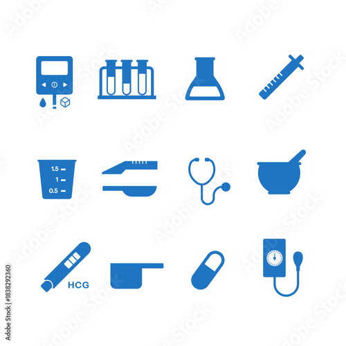 Set of filled medical icons, pharmacy and electronic medicine tools.