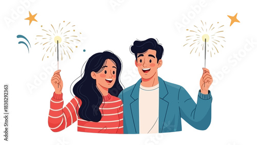 Sparkling Celebration of Two: A couple holds sparklers. the joyous burst of light mirroring their radiant smiles, symbolizing the start of something special. 