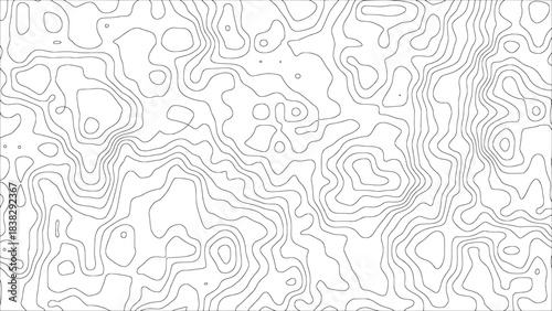 A modern minimal vector background with abstract black flowing curves arranged as topographic contour lines on a white surface — for creative decoration, packaging, and wallpaper designs.