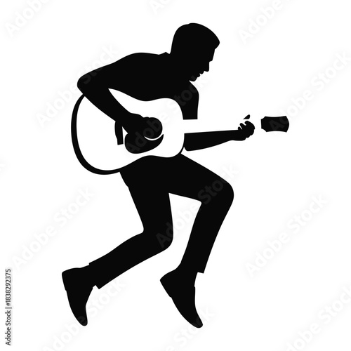 Silhouette of a man playing guitar on transparent background vector illustration, musician performing on stage with acoustic instrument, artistic concert
