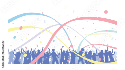 Silhouette of a joyous celebration: A festive gathering pulses with energy as silhouettes of people dance under a cascade of vibrant ribbons and confetti. It's a visual symphony of movement and mirth.