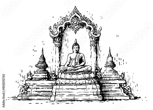 Hand-drawn vector sketch of Buddha statue in meditation pose under temple arch with stupas Traditional Asian religious illustration