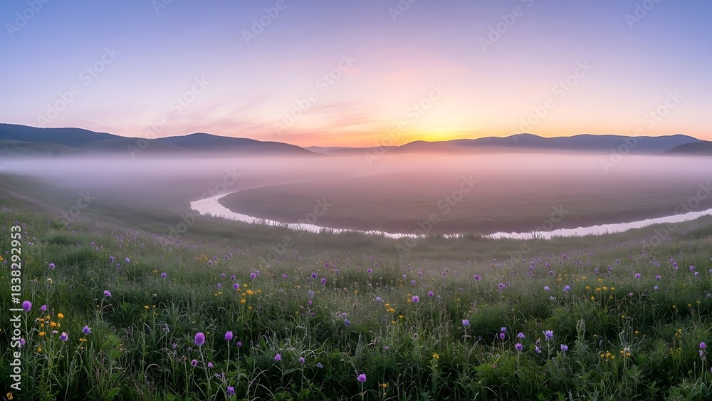 Obraz premium Pastel Sunrise Over a Foggy River Valley with a Meadow of Wildflowers.