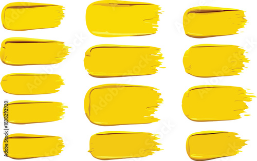 Collection of twelve vibrant yellow acrylic paint brush strokes isolated on transparent background