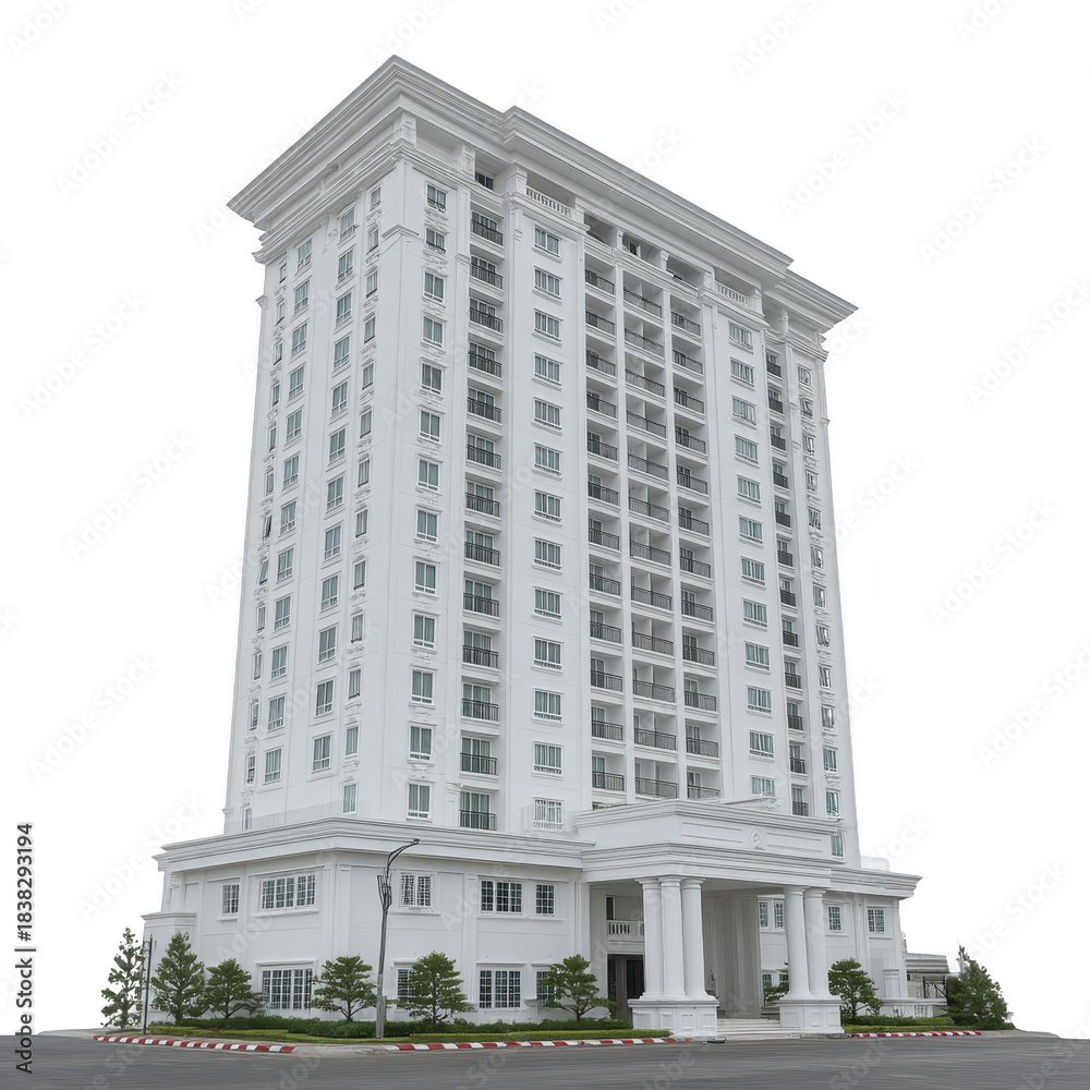 Fototapeta premium Tall white apartment building with classic architecture multiple balconies large windows and grand entrance urban residential high rise elegant and modern daytime clear sky