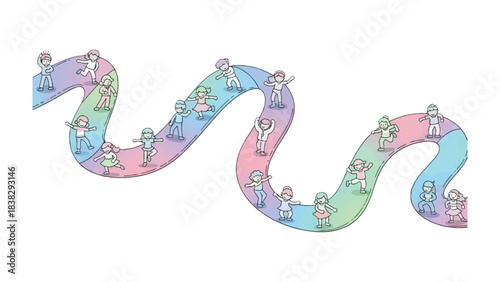 Human Rainbow: A charming illustration featuring diverse individuals positioned along a vibrant, winding path. Reflecting the beauty of unity, diversity and inclusion.