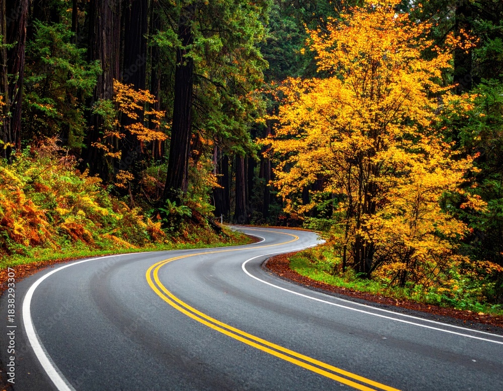 Fototapeta premium Winding road, autumn trees, forest