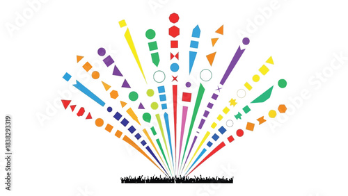 Exploding with Color and Shape: A vibrant burst of geometric forms and bright hues creates a dynamic visual symphony, perfect for adding a touch of energy and excitement.