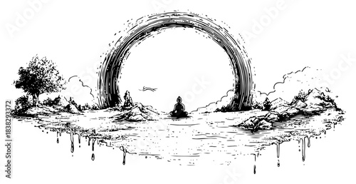 Hand drawn meditating silhouette in peaceful nature landscape with abstract brush circle and dripping ink effects