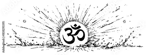 Sacred Om symbol with sunburst light rays and water splashes in hand drawn vintage sketch style