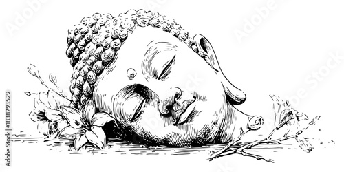 Fallen Buddha head statue lying among flowers Hand drawn ink sketch vector illustration of ancient sculpture